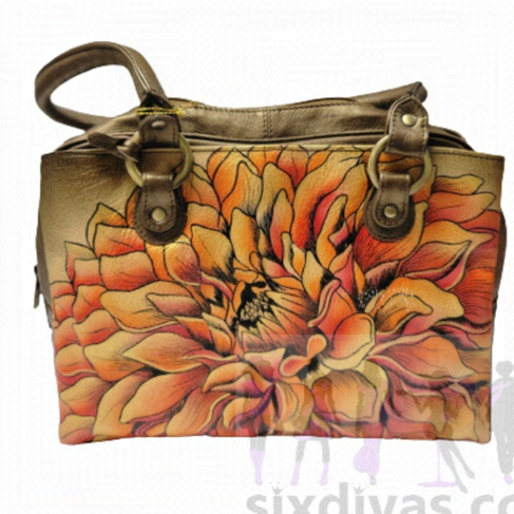 Anuschka Handbag, Hand Painted Leather Handbag, Triple Compartment Handbag- NEW
